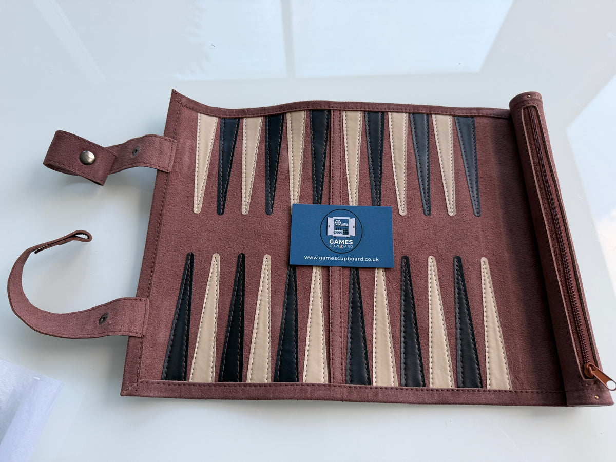 Backgammon Set - Roll-Up Travel Set - Dark Brown Genuine Leather - LIMITED STOCK