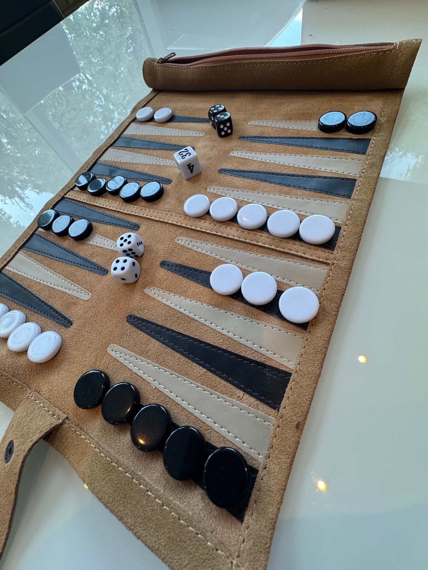 Backgammon Set - Roll-Up Travel Set - Genuine Leather - BEST SELLER