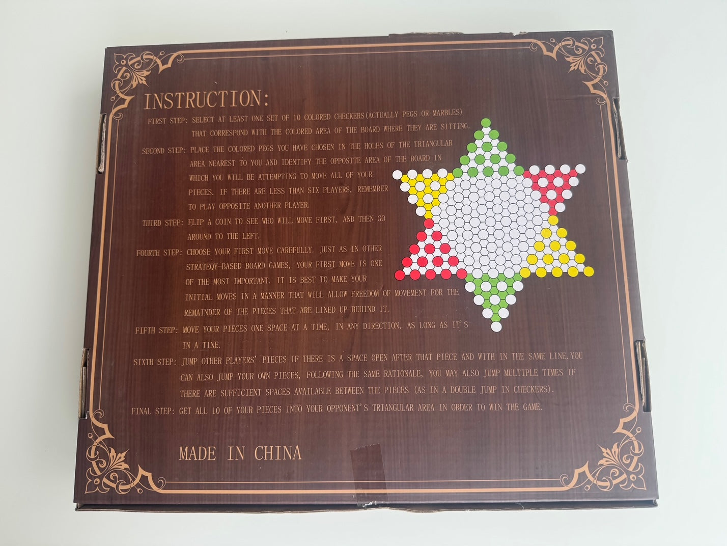 12.5" by 11" Large Wooden Chinese Checkers Game Board with 72 Glass Marbles
