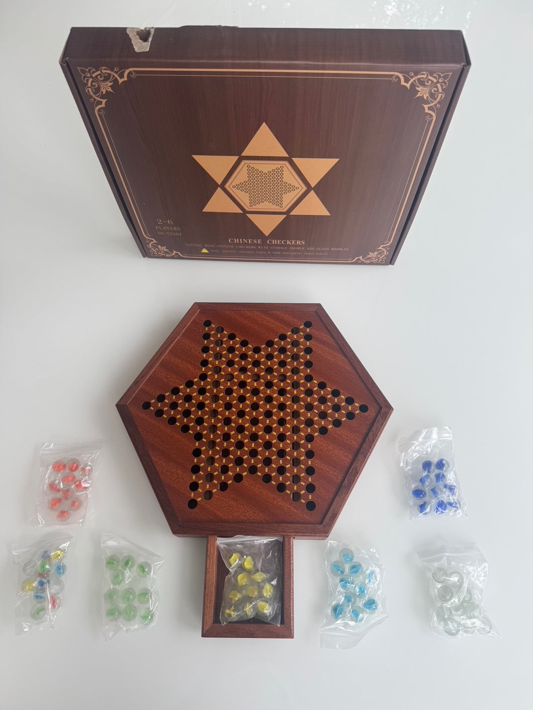 12.5" by 11" Large Wooden Chinese Checkers Game Board with 72 Glass Marbles