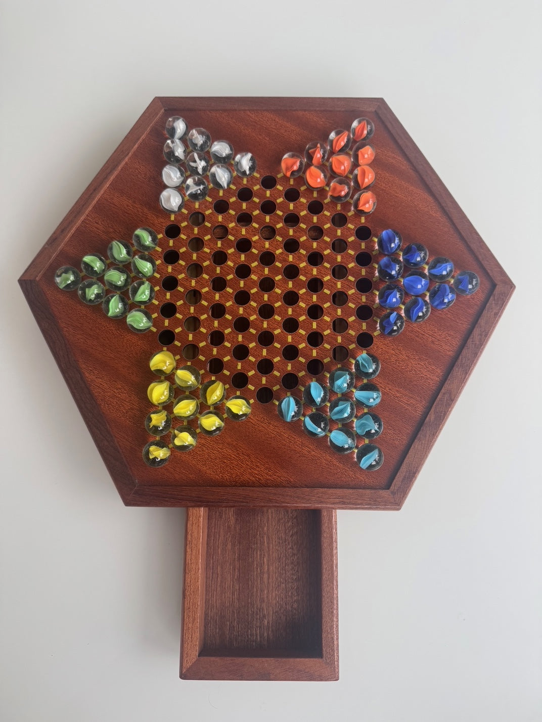12.5" by 11" Large Wooden Chinese Checkers Game Board with 72 Glass Marbles
