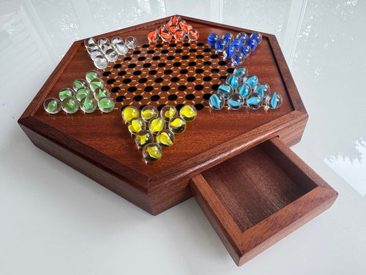12.5" by 11" Large Wooden Chinese Checkers Game Board with 72 Glass Marbles