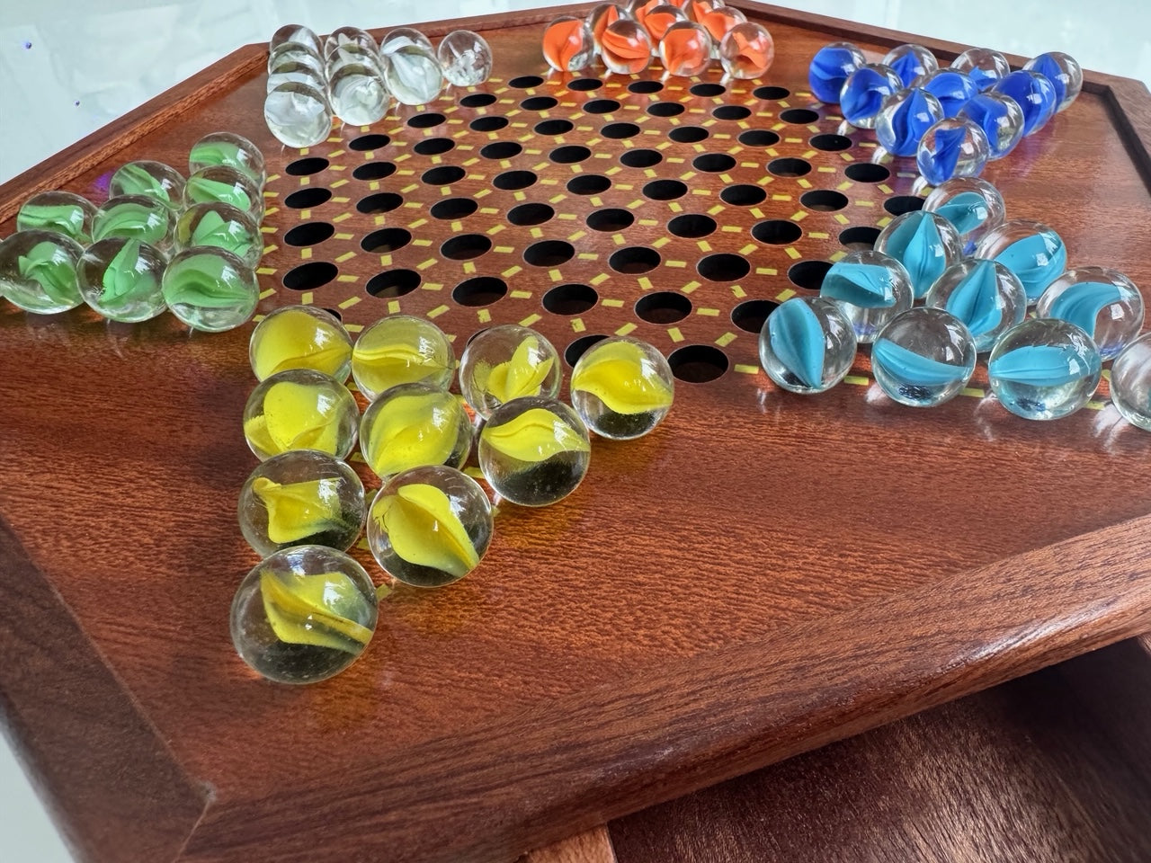 12.5" by 11" Large Wooden Chinese Checkers Game Board with 72 Glass Marbles