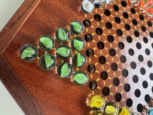 12.5" by 11" Large Wooden Chinese Checkers Game Board with 72 Glass Marbles