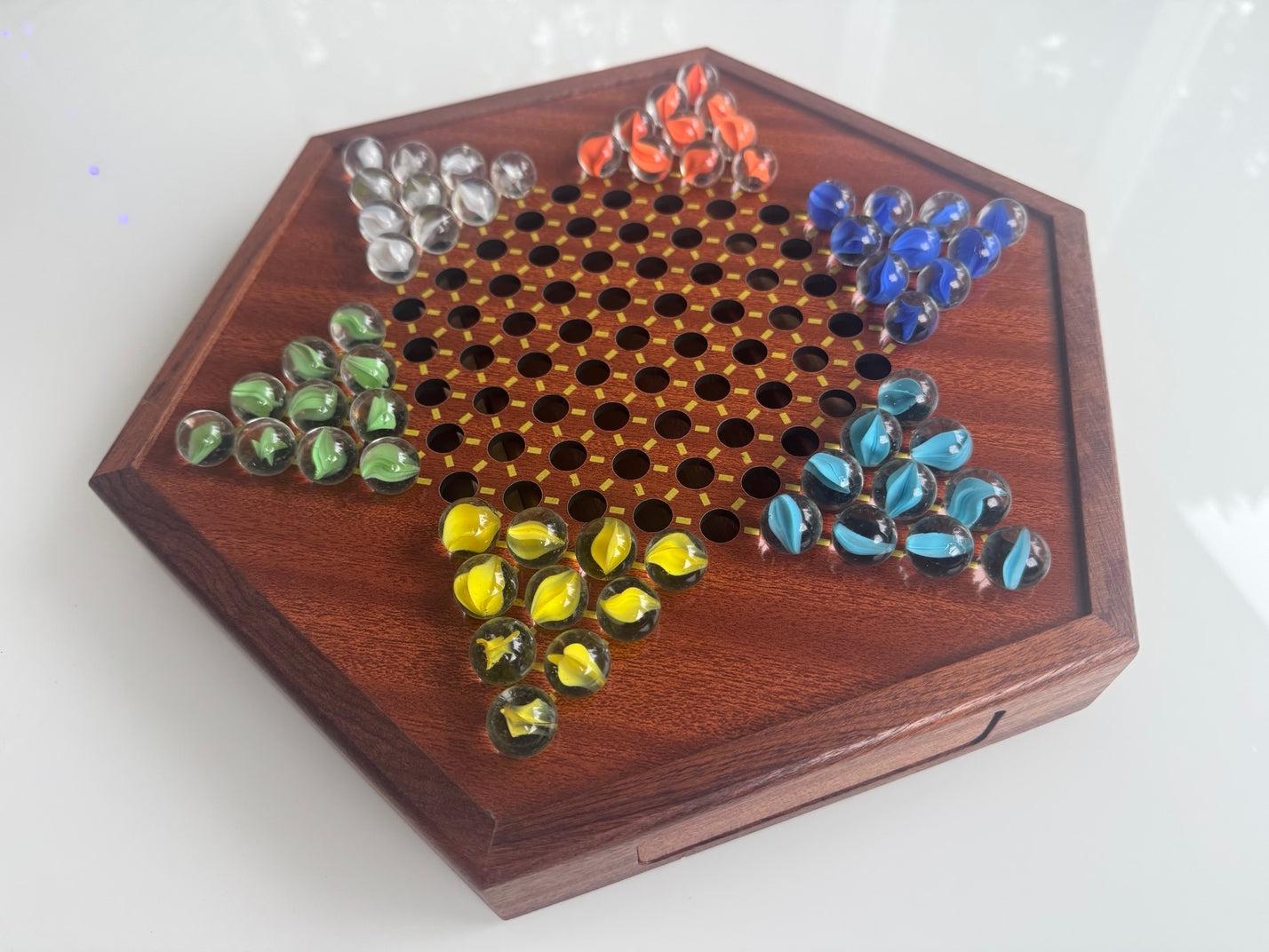 12.5" by 11" Large Wooden Chinese Checkers Game Board with 72 Glass Marbles
