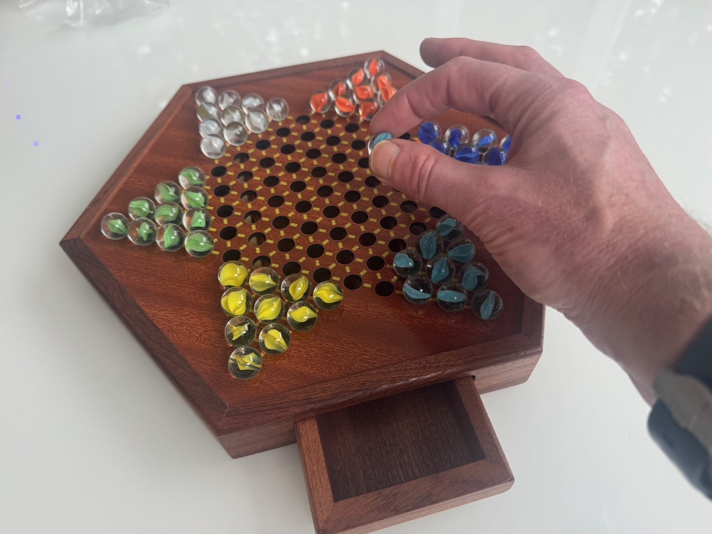 12.5" by 11" Large Wooden Chinese Checkers Game Board with 72 Glass Marbles