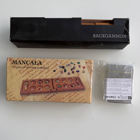 Special Bundle Package: Backgammon + Mancala + Silver Playing Cards