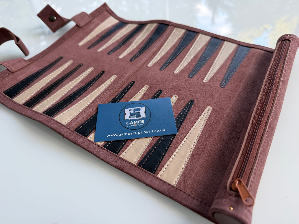 Backgammon Set - Roll-Up Travel Set - Dark Brown Genuine Leather - LIMITED STOCK