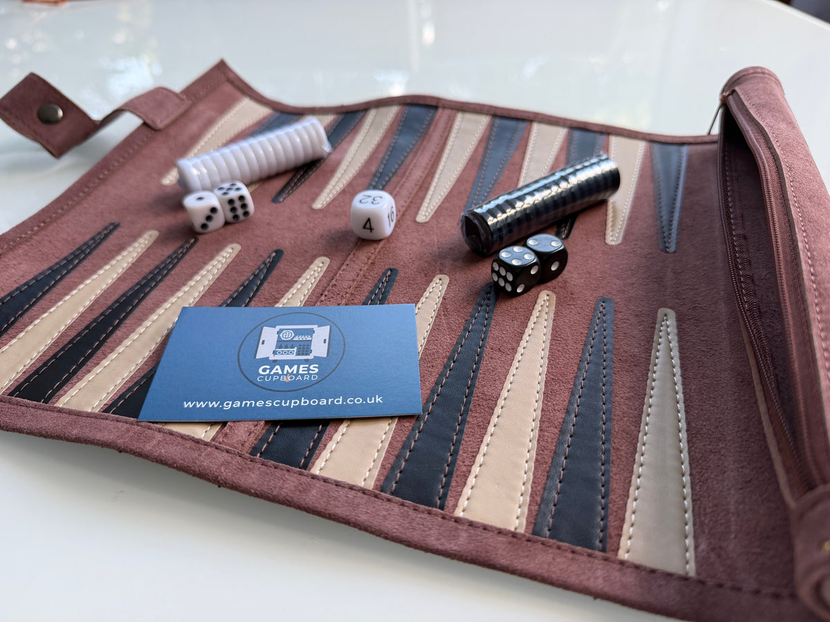 Backgammon Set - Roll-Up Travel Set - Dark Brown Genuine Leather - LIMITED STOCK