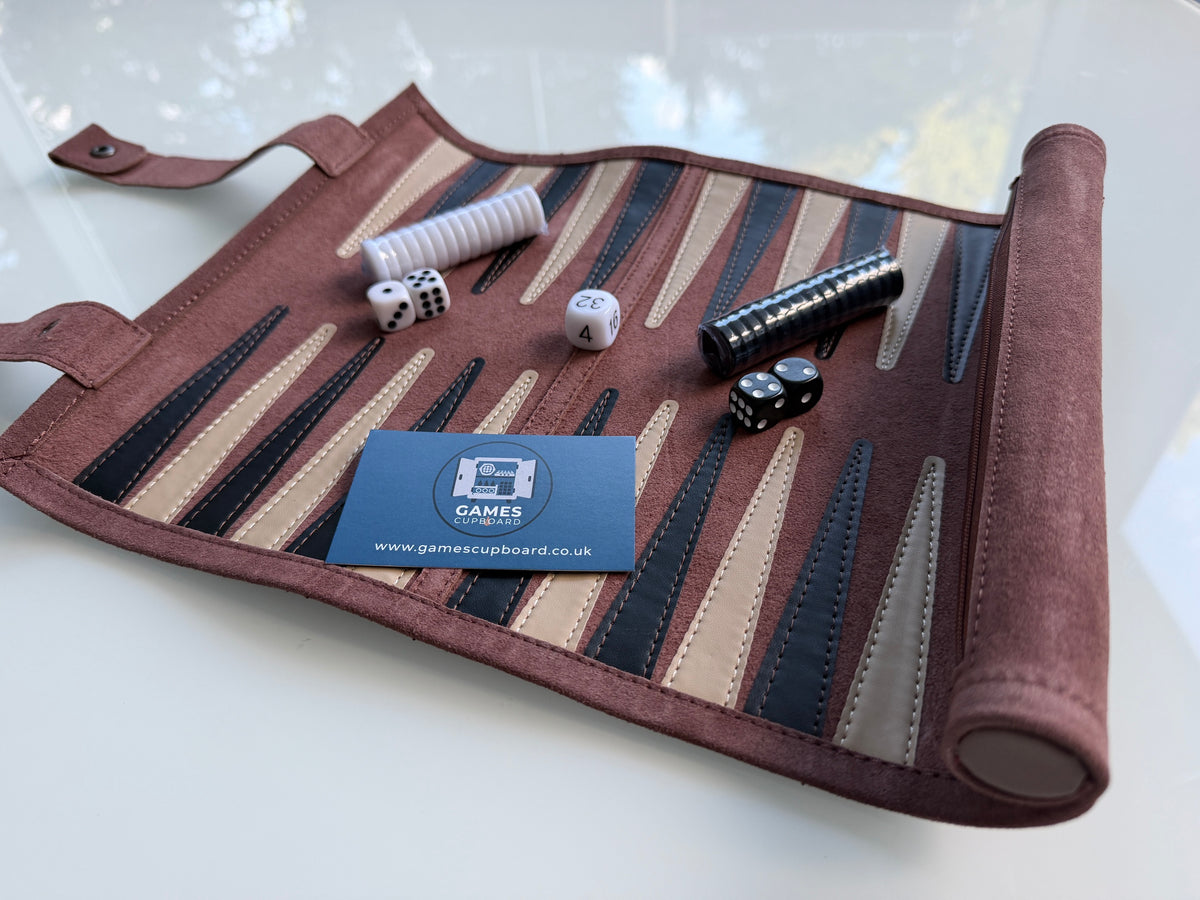 Backgammon Set - Roll-Up Travel Set - Dark Brown Genuine Leather - LIMITED STOCK