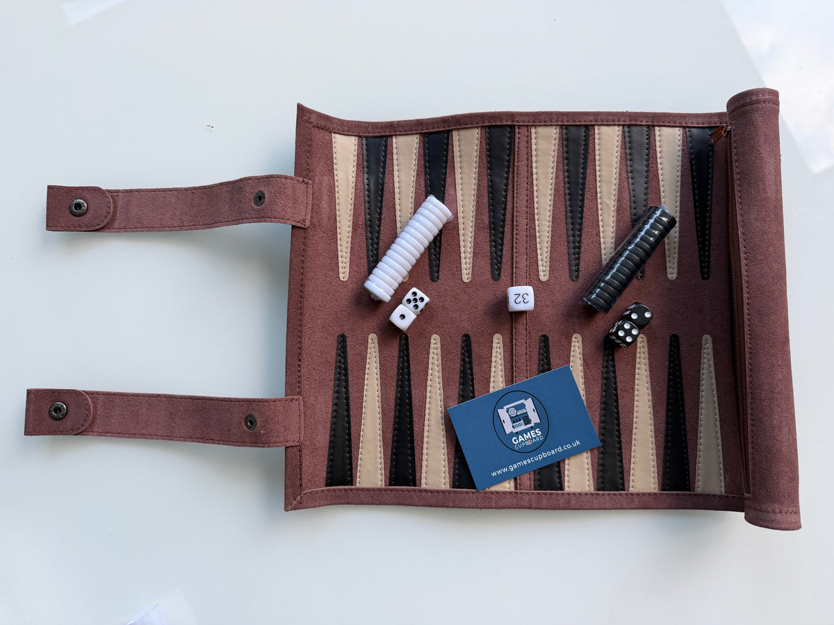 Backgammon Set - Roll-Up Travel Set - Dark Brown Genuine Leather - LIMITED STOCK